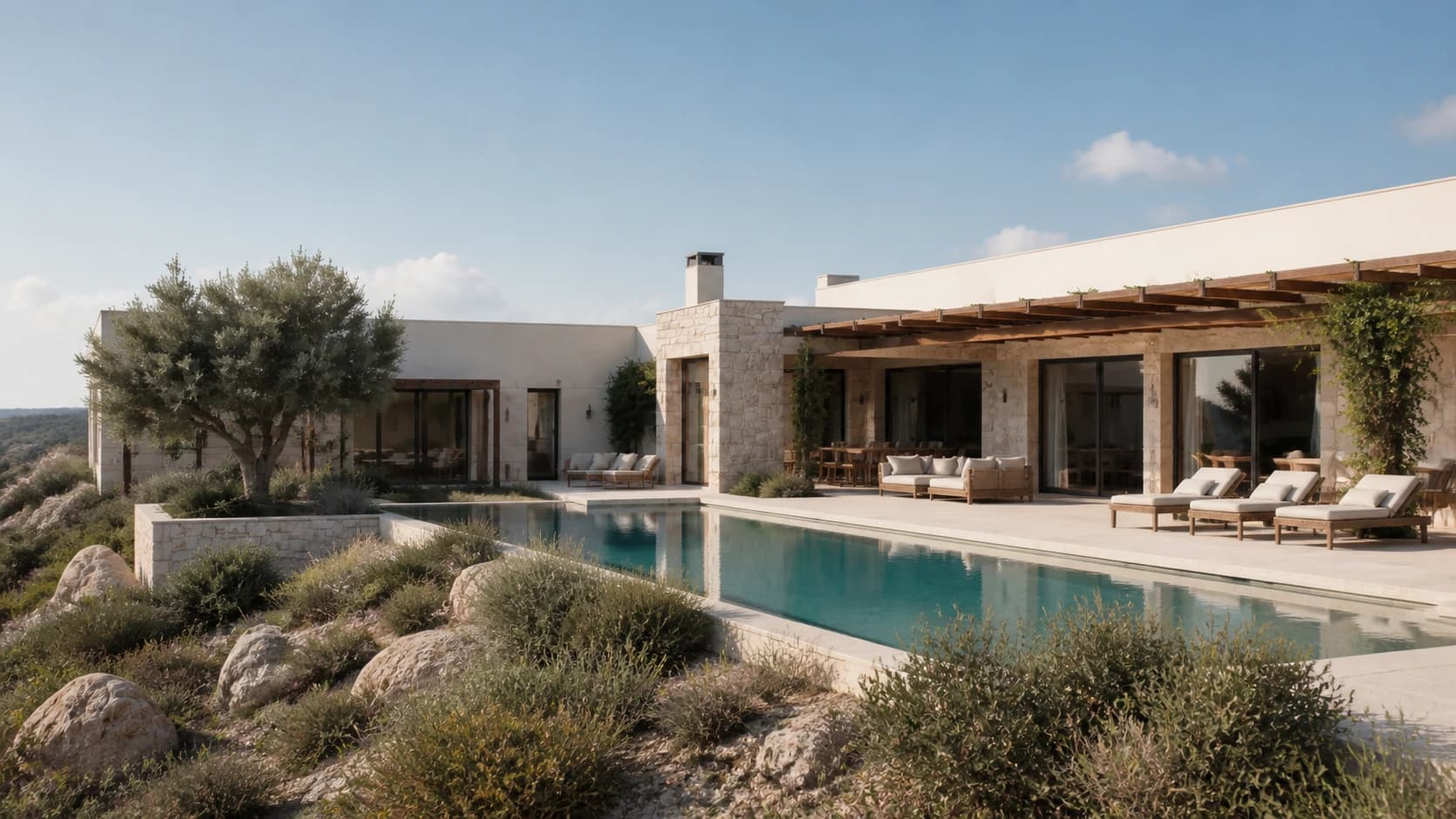 The pale limestone architecture of AERA HOUSE in clear morning sun